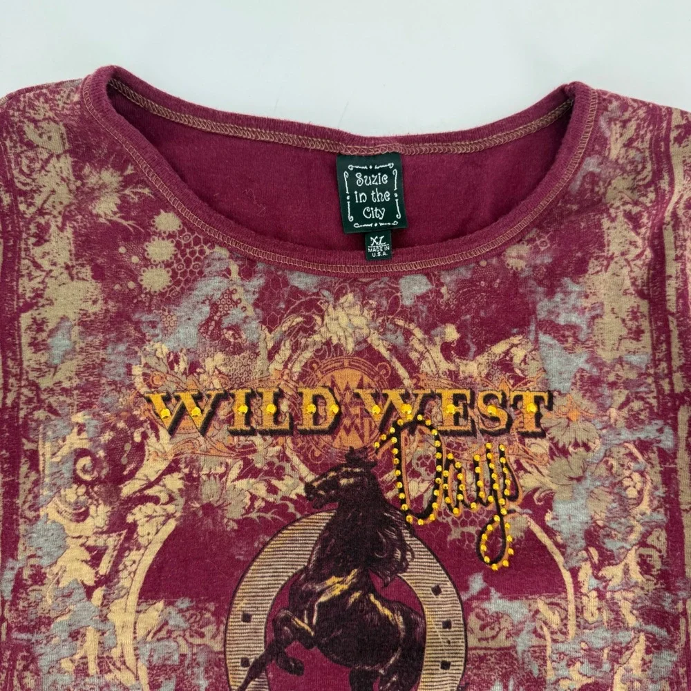 Y2K Wild West Horse Tee Rhinestone Maroon USA Suzie in the City Womens XL‎